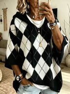 Women's Argyle 3/4 Sleeve Drawstring Hooded Knit Sweater