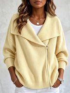 Women's Large Collar Asymmetric Zip Long Sleeve Ribbed Knit Sweater Jacket