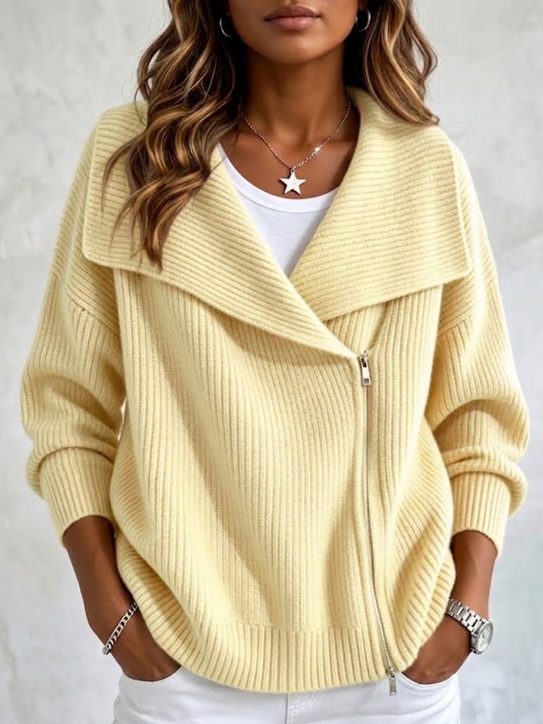 Women's Large Collar Asymmetric Zip Long Sleeve Ribbed Knit Sweater Jacket