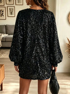 Women's Plunging V-Neck Sequin Lantern Sleeve Mini Dress