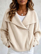 Women's Large Collar Asymmetric Zip Long Sleeve Ribbed Knit Sweater Jacket