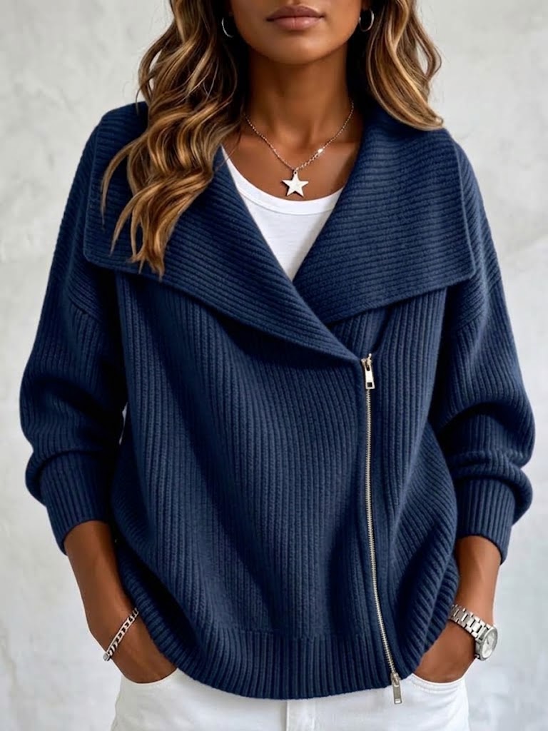 Women's Large Collar Asymmetric Zip Long Sleeve Ribbed Knit Sweater Jacket