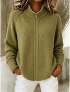 Women Stand Collar Full‑Zip Raglan Sleeve Chunky Knit Cardigan Jacket