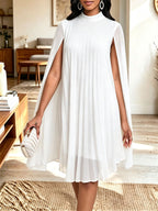 Women Mock Neck Cape Sleeve Pleated Chiffon Midi Party Dress - White / S