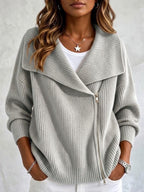Women's Large Collar Asymmetric Zip Long Sleeve Ribbed Knit Sweater Jacket
