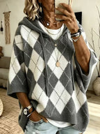 Women's Argyle 3/4 Sleeve Drawstring Hooded Knit Sweater
