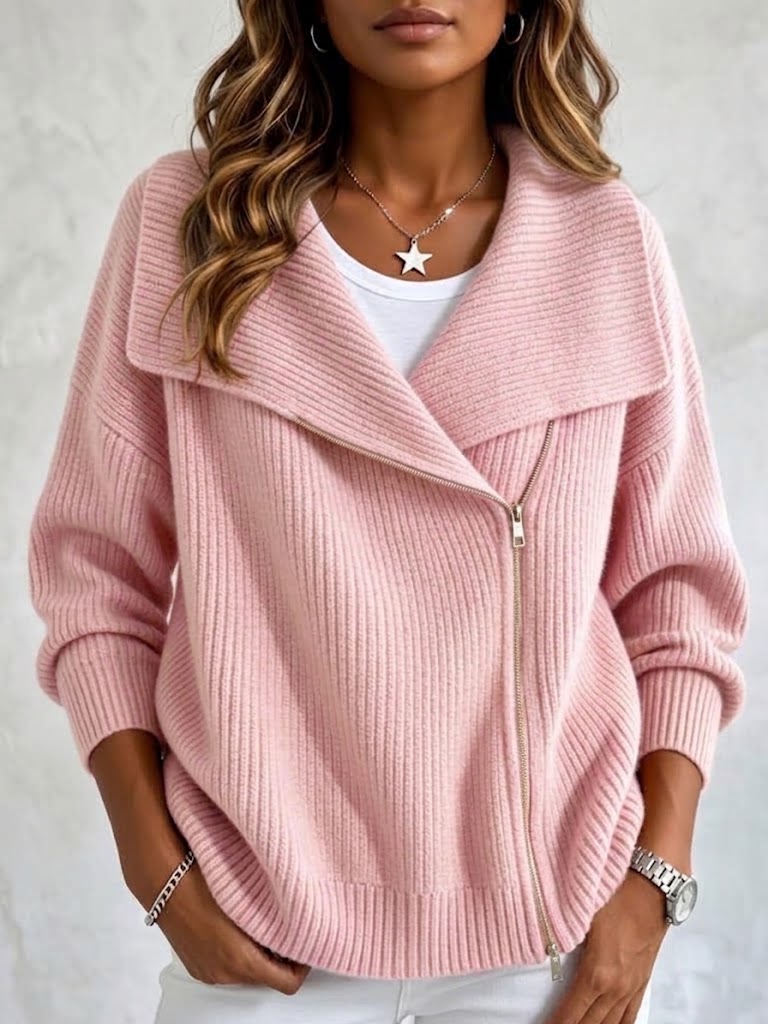 Women's Large Collar Asymmetric Zip Long Sleeve Ribbed Knit Sweater Jacket