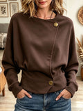 Women's Brown Asymmetric Button Down Batwing Sleeve Casual Fall Blouse Top