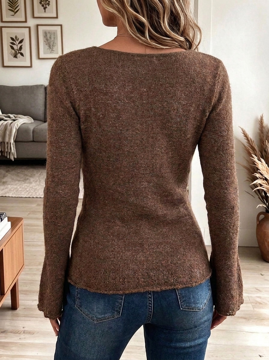 Women's Brown Knit Sweater with 3D Rosette Collar Trim and Bell Sleeves
