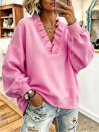 Cozy Oversized Vibrant Pink Ruffled Sweatshirt