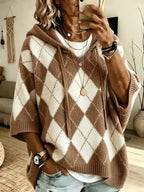 Women's Argyle 3/4 Sleeve Drawstring Hooded Knit Sweater