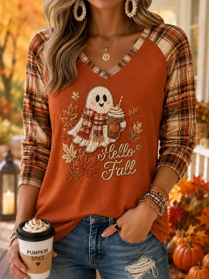 Women Hello Fall Ghost Pumpkin Spice Plaid Raglan Long Sleeve V?Neck T?Shirt - Ghost / S