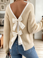 Women's Beige Knit Sweater with Open Back V-Neck and Dual Chiffon Bows