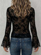 Women's Black Sheer Floral Lace Tie-front Bell Sleeve Blouse