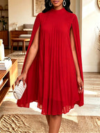 Women Mock Neck Cape Sleeve Pleated Chiffon Midi Party Dress - Red / S