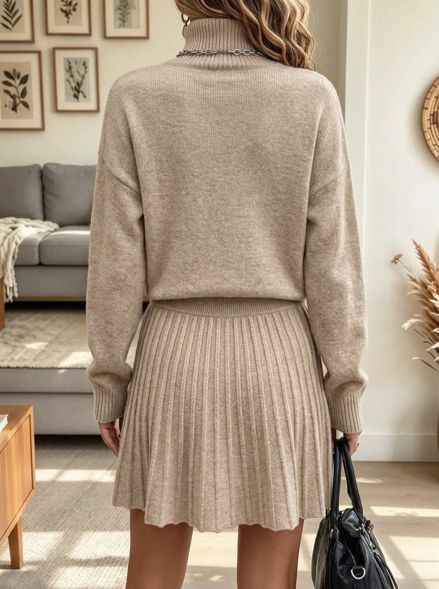 Women's Turtleneck Sweater and Pleated Knit Skirt Set