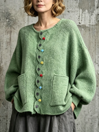 Loose-fit, Drop-shoulder Knit Cardigan Featuring A Wavy Placket, Decorative Colorful Buttons, And Large Patch Pockets