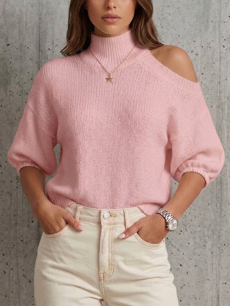 Mock Neck One?shoulder Cutout Knit Top