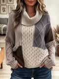 Women's Multicolor Patchwork Cable Knit Turtleneck Sweater with Fringe Trim