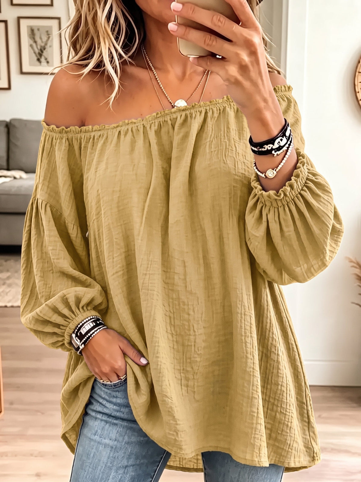 Vintage Elegant Off-the-shoulder Elasticated Pleated Cotton And Linen Solid Color Shirt - Yellow / S
