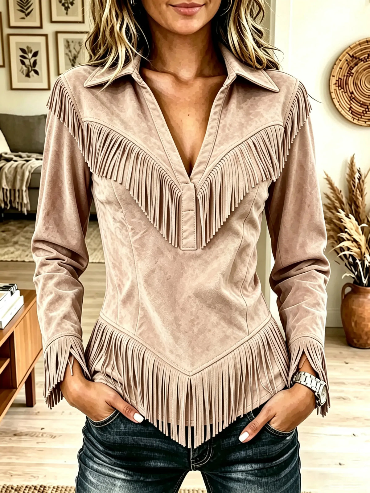 Women's Western Fringe Suede Pointed Hem Top