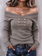 Women's Taupe Off-The-Shoulder Button Detail Knit Sweater