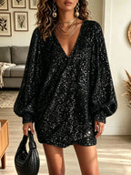 Women's Plunging V-Neck Sequin Lantern Sleeve Mini Dress