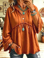 Retro Hooded Loose Art Casual Stylish 3/4 Sleeve Cotton Shirt