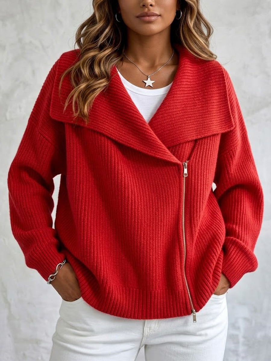 Women's Large Collar Asymmetric Zip Long Sleeve Ribbed Knit Sweater Jacket