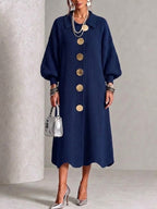 Long-sleeve Knit Dress With A Large Metal Buckle, Lapel Collar, And Lantern Sleeves