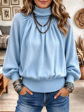 Women's Sky Blue Turtleneck Pleated Knit Sweater with Lantern Sleeves