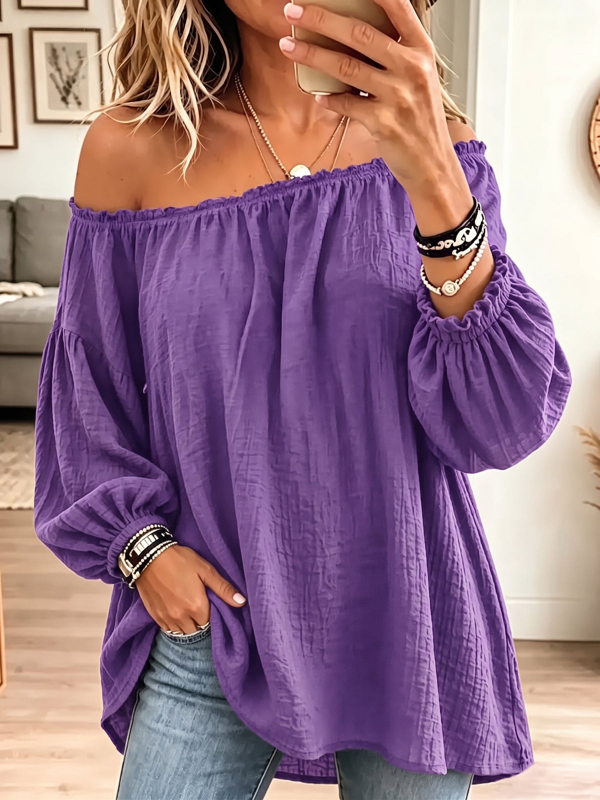 Vintage Elegant Off-the-shoulder Elasticated Pleated Cotton And Linen Solid Color Shirt - Purple / S