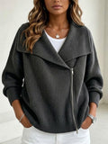 Women's Large Collar Asymmetric Zip Long Sleeve Ribbed Knit Sweater Jacket