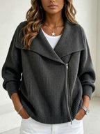 Women's Large Collar Asymmetric Zip Long Sleeve Ribbed Knit Sweater Jacket