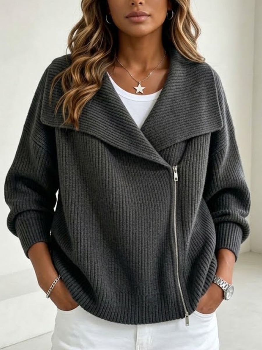 Women's Large Collar Asymmetric Zip Long Sleeve Ribbed Knit Sweater Jacket