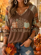 Women Hello Fall Ghost Pumpkin Spice Plaid Raglan Long Sleeve V?Neck T?Shirt