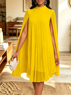 Women Mock Neck Cape Sleeve Pleated Chiffon Midi Party Dress - Yellow / S