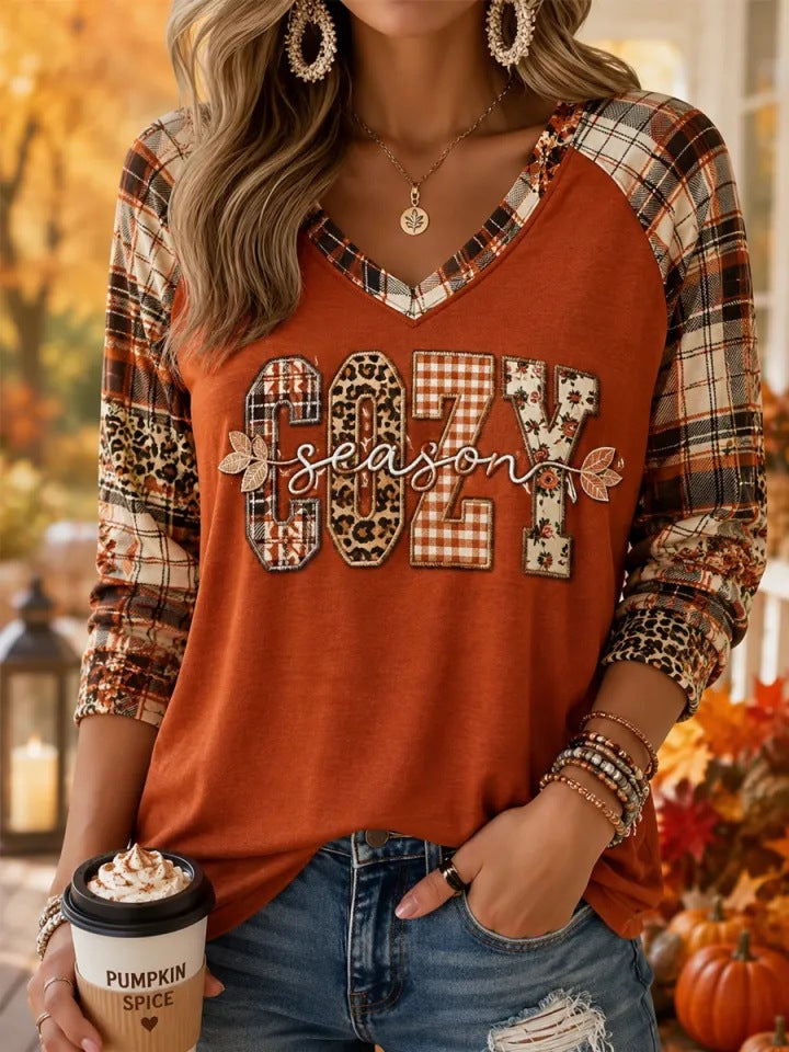 Women Hello Fall Ghost Pumpkin Spice Plaid Raglan Long Sleeve V?Neck T?Shirt - Pumpkin / S