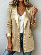 Chic Gold Knit Blazer With Sleek Faux Leather Trim