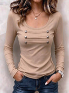 Women's Ribbed Long Sleeve Scoop Neck Top With Button Details