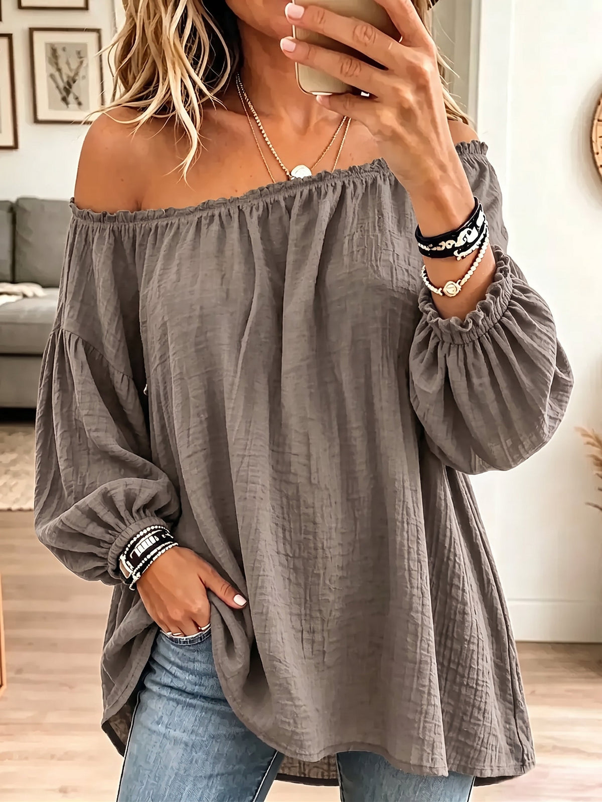 Vintage Elegant Off-the-shoulder Elasticated Pleated Cotton And Linen Solid Color Shirt - Grey / S