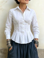 Long-sleeved Shirt With A Collared, Ruffled, And Pleated Waist-cinching Design