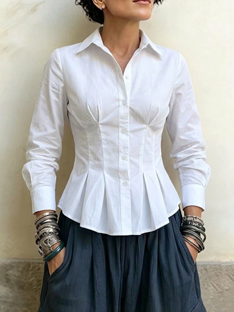 Long-sleeved Shirt With A Collared, Ruffled, And Pleated Waist-cinching Design