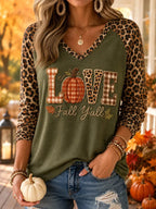 Women Hello Fall Ghost Pumpkin Spice Plaid Raglan Long Sleeve V?Neck T?Shirt - LOVE / S