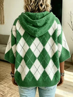 Women's Argyle 3/4 Sleeve Drawstring Hooded Knit Sweater