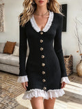 Vintage Elegant Knitted Fabric Patchwork Ruffle Dress