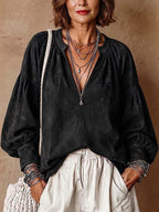 Women's Solid Color V-neck Long-sleeve Loose-fit Suede Pullover Top
