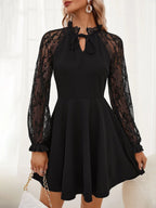 Elegant Floral Lace Sheer Patchwork Long Sleeves A-Line Mini Dress