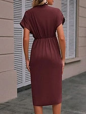 Women's Casual Dress Midi Dress Ruched Date Vacation Streetwear Basic V Neck Short Sleeve Black Pink Dark Green Color
